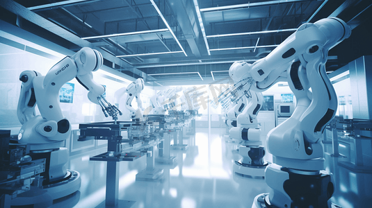 机器人摄影照片_先进的机械臂系统，用于数字工业和工厂机器人技术。由工业工程控制的自动化制造机器人，利用物联网软件连接互联网。
