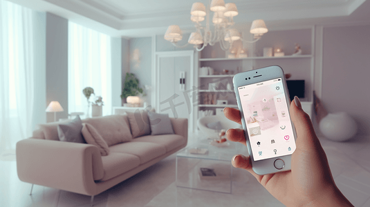 app订单维权摄影照片_智能家居技术界面手机app增强现实物联网客厅室内设计物联网女性手持遥控装置3d插画