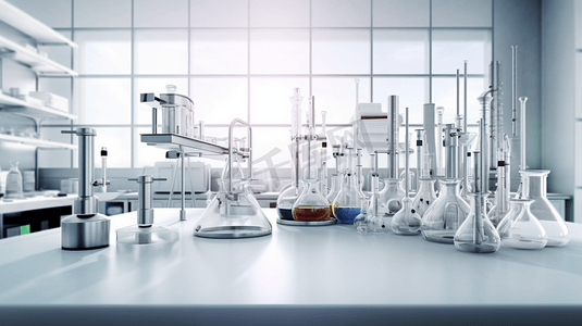 化学摄影照片_实验室的化学仪器器皿3D渲染