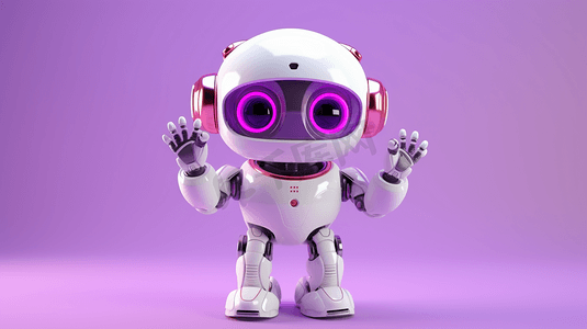 可爱的机器人举手或打招呼的手势孤立在紫色的背景。技术的概念。3 d渲染。
