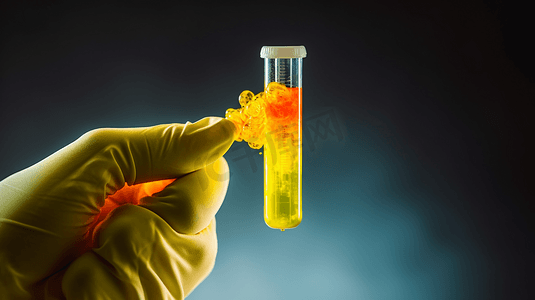 科学家手里拿着一个装有黄色水溶液的试管