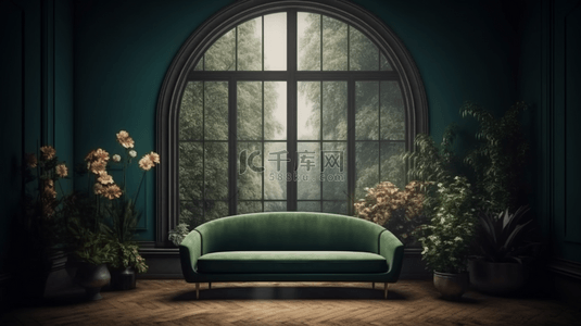 绿色沙发背景图片_古典复古的拱窗和沙发