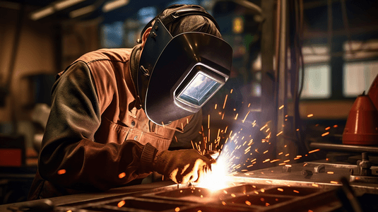 车间焊接工人摄影照片_焊工工厂的工业汽车零件焊工在车间工作。
