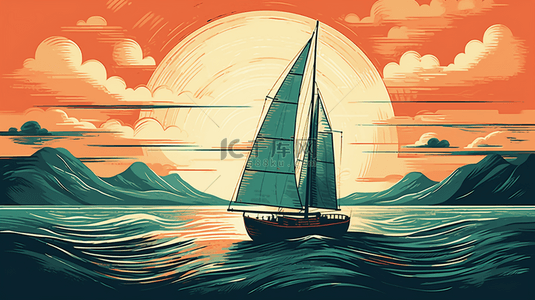 宁静怀旧的日出帆船风景