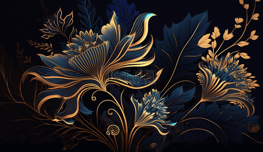 蓝色花卉图案和金色叶子底纹
