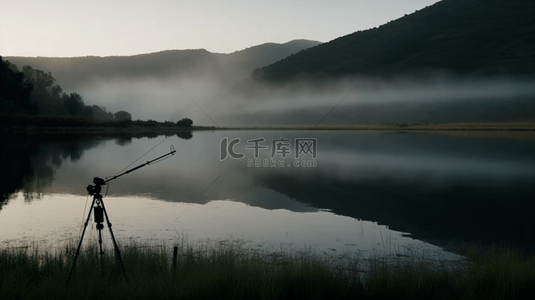 夏天黎明山水垂钓