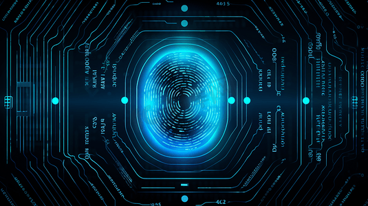 网络安全摄影照片_生物识别指纹扫描访问受保护的数字数据。网络安全技术概念