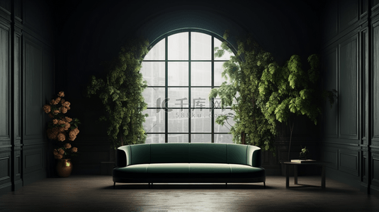 绿色沙发背景图片_古典复古的拱窗和沙发
