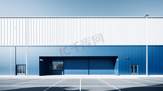 现代厂房摄影照片_一个现代的蓝色仓库的外观
