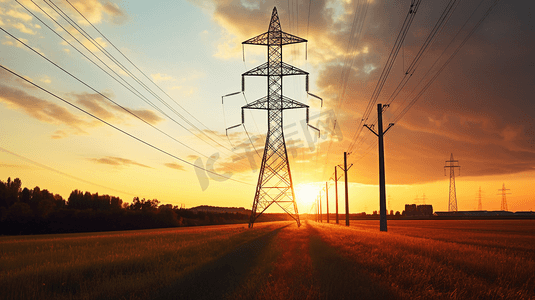 高压电力塔和美丽的日落自然景观
