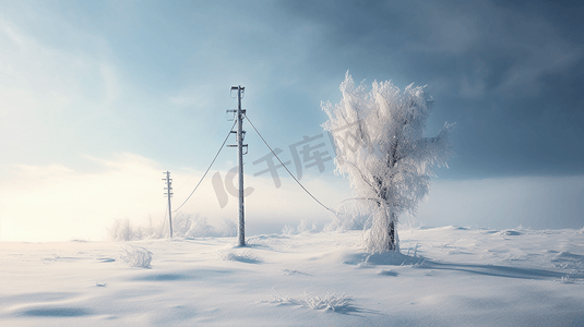 电线杆雪地摄影照片_冬季景观电线杆在雪地里
