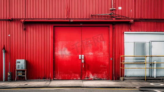 钣形钣金摄影照片_工业园区红色大门的钣金厂墙。工厂大楼的红色门。
