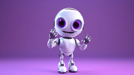 可爱的机器人举手或打招呼的手势孤立在紫色的背景。技术的概念。3 d渲染。
