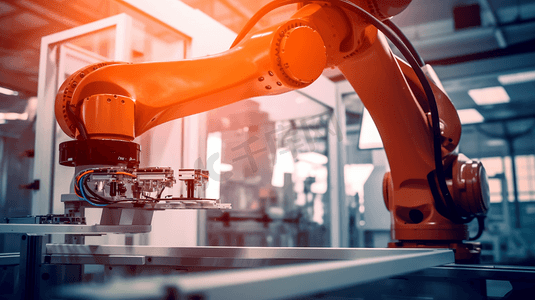 智能工业机械臂用于数字化工厂生产技术，展示工业4.0或第四次工业革命的自动化制造过程，以及控制操作的物联网软件。
