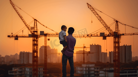 在施工的建筑摄影照片_亚洲男孩在父亲的肩膀上，背景是新的高层建筑和轮廓的建筑起重机黄昏日落父子概念
