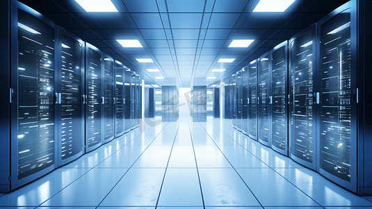蓝色渐变科技箭头摄影照片_三维渲染的现代化高科技的服务器机房 强大的数据库和运算存储能力