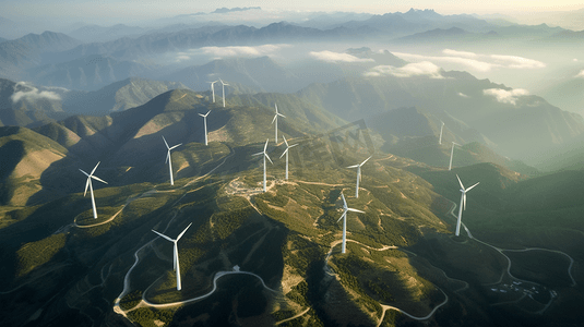 中国高山上的风力发电机群航拍
