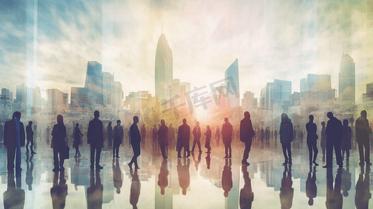 城市背景上抽象的人群剪影.成功与会议理念.multiexposure