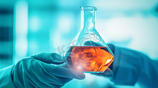科学家手中的锥形烧瓶与实验室玻璃器皿背景实验室研究概念