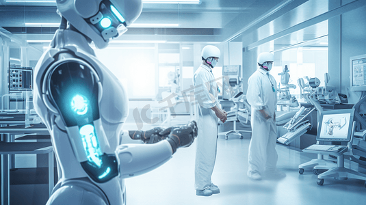 3D渲染医疗人工智能机器人在未来医院工作。未来假肢医疗和生物医学技术的概念