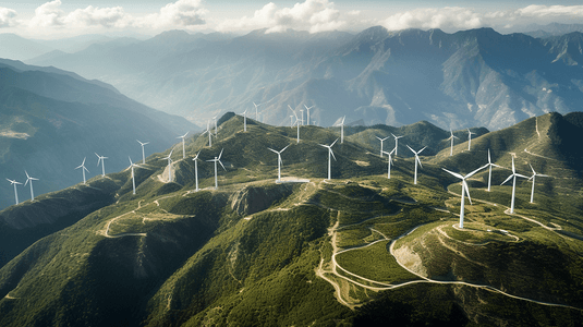 中国高山上的风力发电机群航拍
