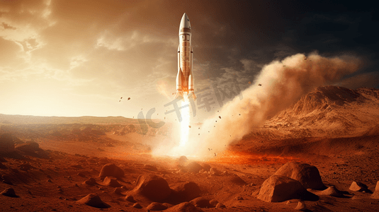 电瓶车发动机摄影照片_宇宙飞船在火星上起飞进入太空。火星之旅。火箭起飞
