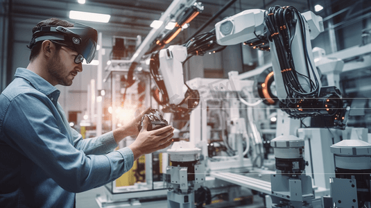 vr设备摄影照片_工程师智能工厂机器AR增强现实技术未来工业VR技术机械臂控制工程师在工厂使用计算机控制机器。
