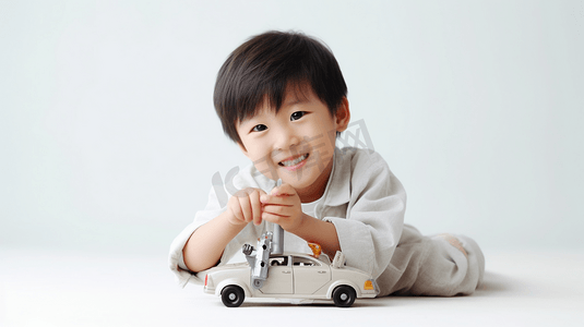 左右摄影照片_4岁左右的亚洲男孩拿着小螺丝螺丝刀在白色背景上修理汽车玩具
