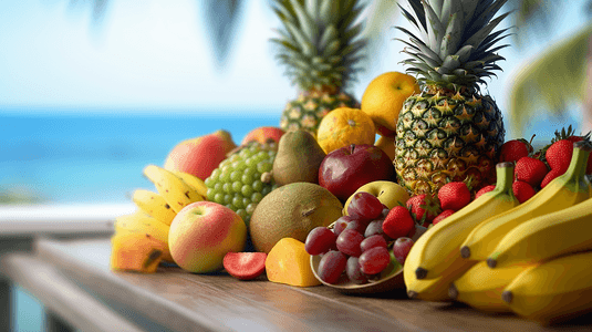 热带水果摄影照片_海边新鲜热带水果的特写