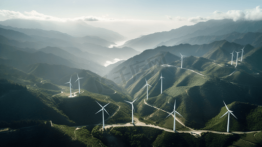 高空拍摄摄影照片_中国高山上的风力发电机群高空拍摄 
