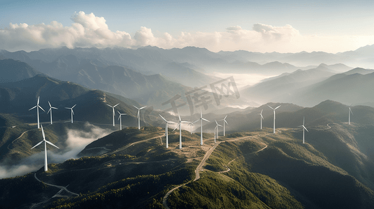 中国风卡通云摄影照片_中国高山上的风力发电机群高空拍摄 

