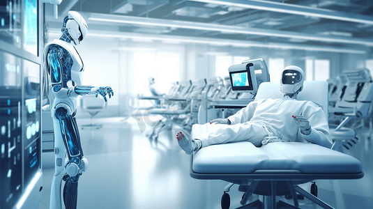 3D渲染医疗人工智能机器人在未来医院工作。未来假肢医疗和生物医学技术的概念