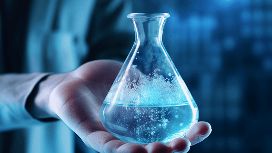 科学家手中的锥形烧瓶与实验室玻璃器皿背景实验室研究概念