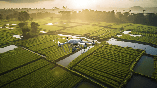 稻田摄影照片_农业无人机在绿色的稻田上飞行