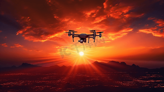 现代科技背景-飞行的无人机轮廓在发光的红色夕阳天空。这张图片的元素由美国宇航局提供
