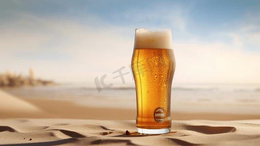 夏日沙滩上摆放的冰镇啤酒