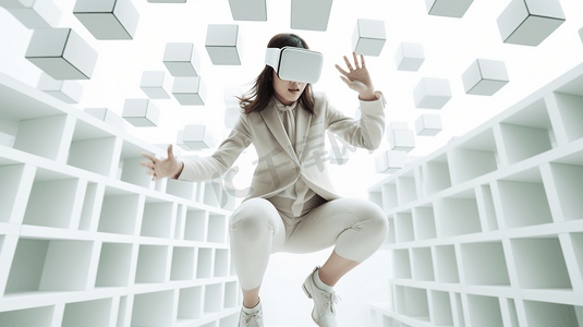 概念未来创新技术发明年轻的亚洲女性使用VR耳机开启现代体验，享受虚拟世界全浮动立方体学习人工智能或AI的乐趣
