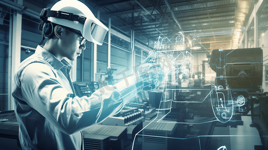 工程师智能工厂机器AR增强现实技术未来工业VR技术机械臂控制工程师在工厂使用计算机控制机器。
