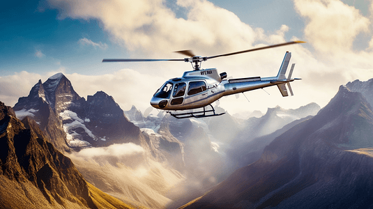 高科技高科技摄影照片_遥控直升机飞越高山在高海拔。
