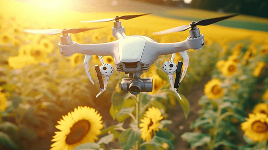 农业无人机在向日葵田里飞行智能农场概念