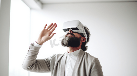 vr虚拟现实摄影照片_概念未来创新技术发明年轻人使用VR耳机开启现代体验享受虚拟世界全浮动立方体学习人工智能或人工智能与智能家居的乐趣
