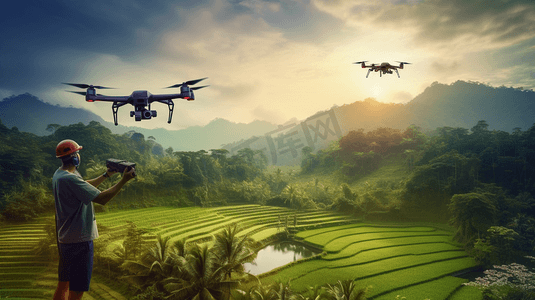 迷人的农民驾驶无人机在农田上方的水稻梯田背景，提高农业生产力的高科技创新