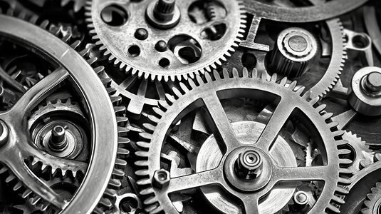 背景与金属齿轮在旧钟表。概念黑白照片为您成功的业务工作流程。宏
