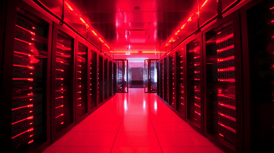 计算机服务器安装在数据中心机房的机架上，带有红色灯光报警。