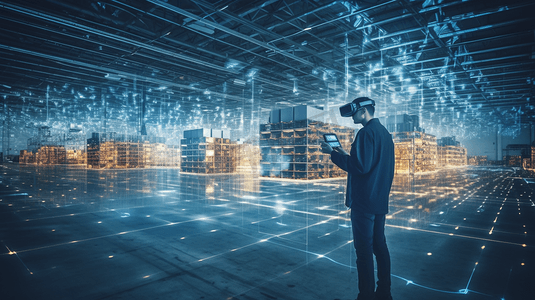 钢丝堆在仓库摄影照片_未来虚拟现实技术用于创新VR仓库管理。工业革命和自动化物流控制的智能技术概念。

