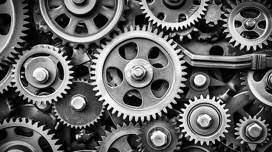 金属工业摄影照片_垃圾齿轮齿轮黑色和白色的背景。工业科学钟表技术的概念。
