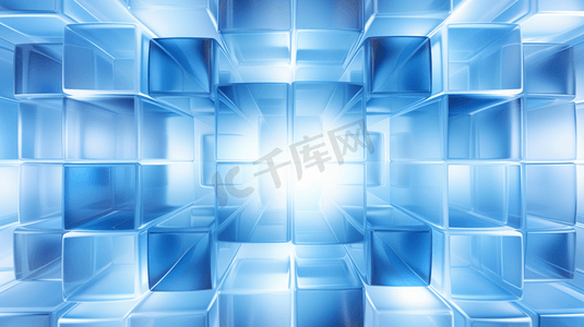 蓝色科技光效背景摄影照片_蓝色方块构图发光的旋转抽象科技背景
