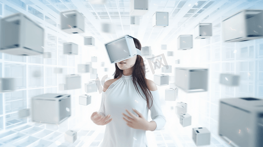 vr耳机摄影照片_概念未来创新技术发明年轻的亚洲女性使用VR耳机开启现代体验，享受虚拟世界全浮动立方体学习人工智能或AI的乐趣

