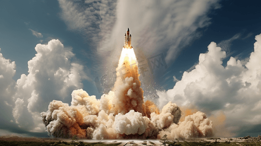 爆炸烟雾摄影照片_在湛蓝的天空的背景下，航天飞机火箭成功升空。带着烟雾和爆炸的飞船升入恒星的天空