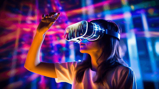 鸿雁照明摄影照片_一名妇女使用虚拟现实头戴式耳机环顾四周，观看多色投影仪照明的互动技术展览。VR增强现实沉浸式娱乐概念
